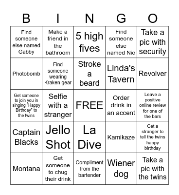 Gabby & Nic's 29th Bar Crawl Bingo Card