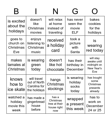 Holiday Human Bingo Card