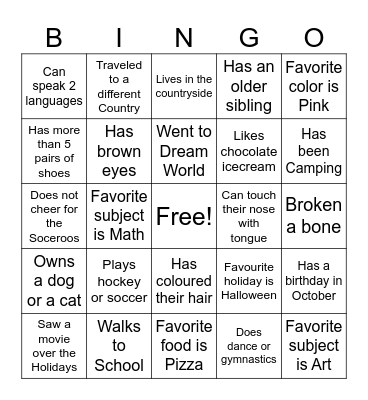 Classroom Bingo Card