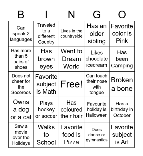 Classroom Bingo Card