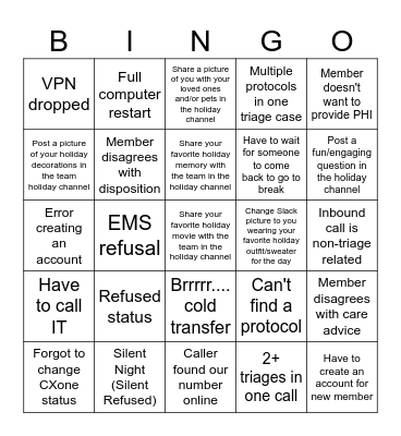 Holiday Bingo - Triage Edition! Bingo Card