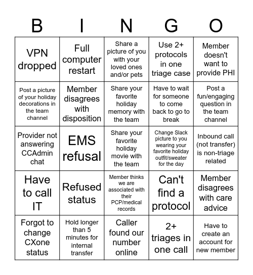 Holiday Bingo - Triage Edition! Bingo Card