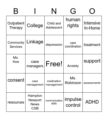 Case Management Bingo Card