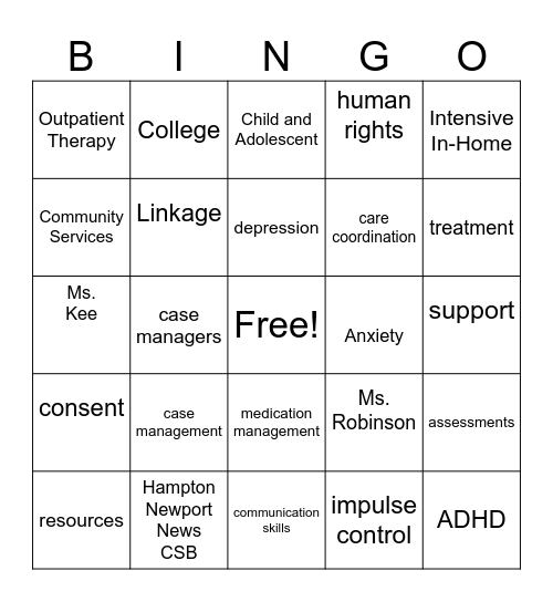 Case Management Bingo Card