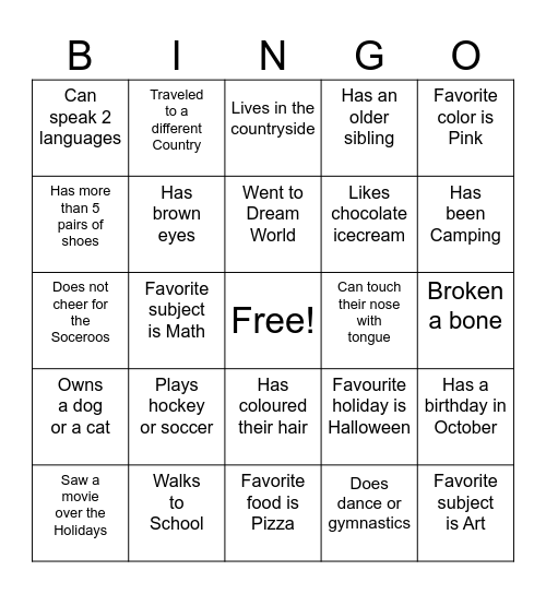 Classroom Bingo Card