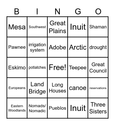 Native American Bingo Card