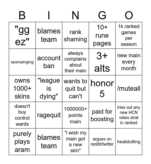 league player bingo Card