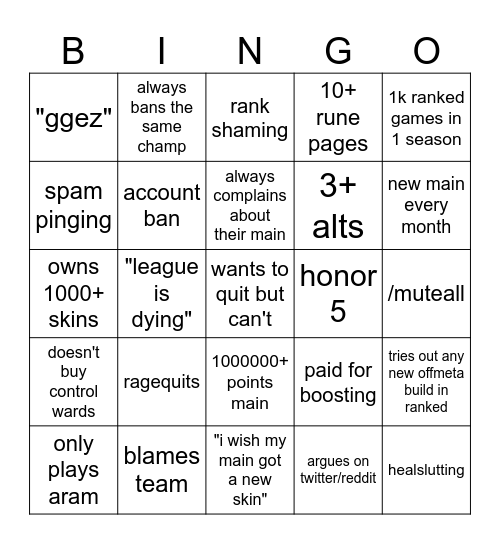 league player bingo Card