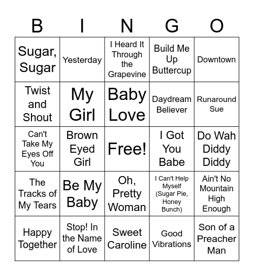 60's Music Hits Bingo Card