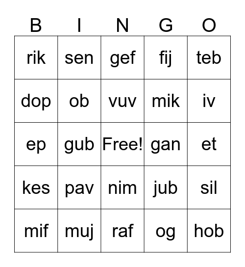 Kindergarten Bingo Card