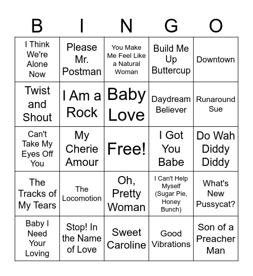 60's Music Hits Bingo Card