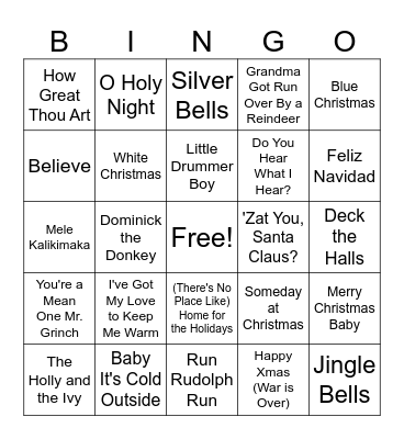 Christmas Hits Bingo Card
