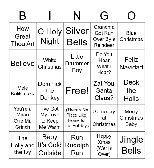 Christmas Hits Bingo Card
