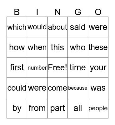 First Grade Bingo Card