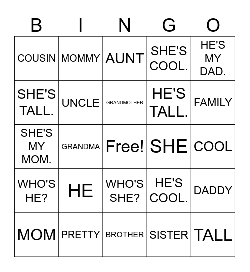 She is my Mom Bingo Card