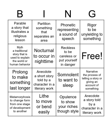 vocabulary week #14 Bingo Card