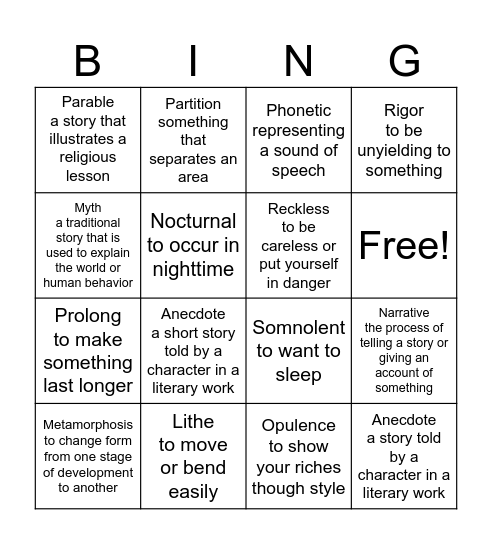 vocabulary week #14 Bingo Card