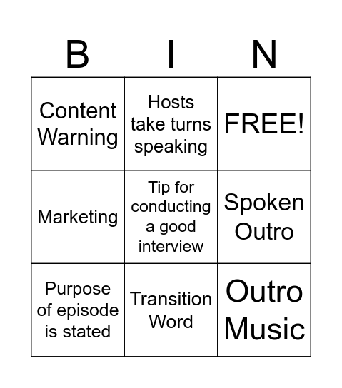 Podcast Bingo Card