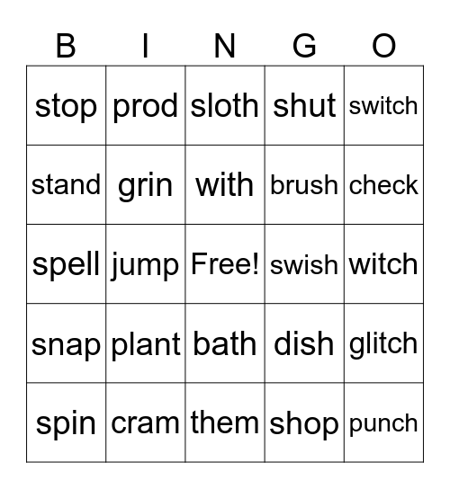 Blends and Digraphs Bingo Card