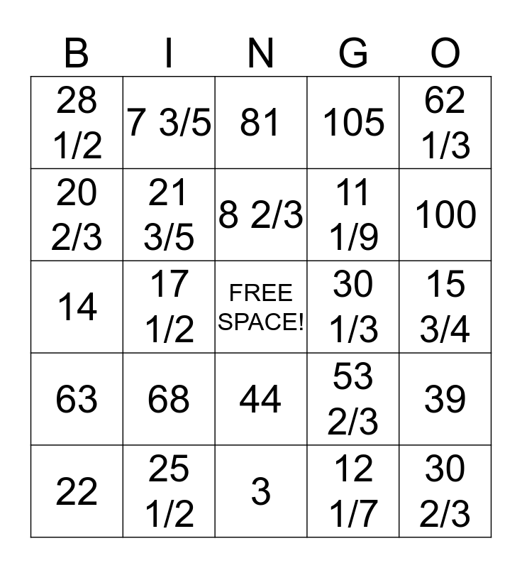 Multiplying Mixed Numbers BINGO Bingo Card