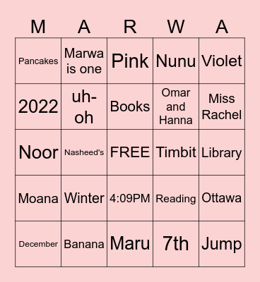 Marwa's ONEderland Bingo Card