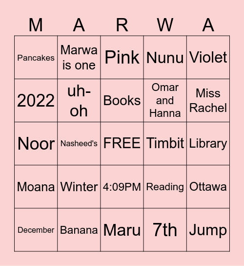 Marwa's ONEderland Bingo Card