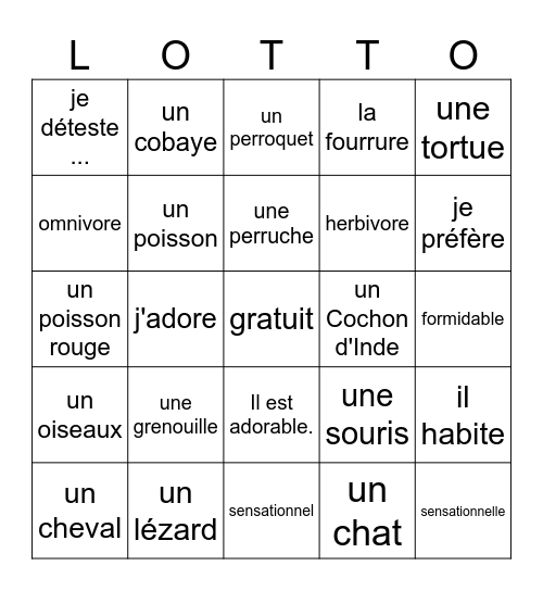 Les animaux de compagnie Bingo Card