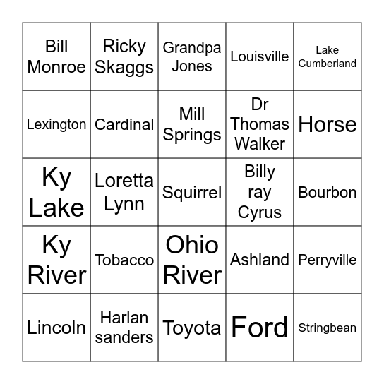 Kentucky Bingo Card