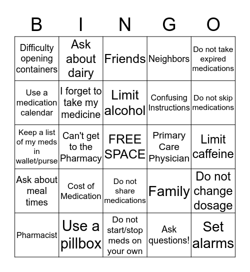 Medication Management BINGO! Bingo Card