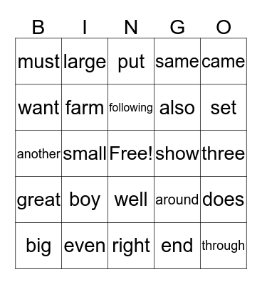 Fry Words 141-160 Bingo Card