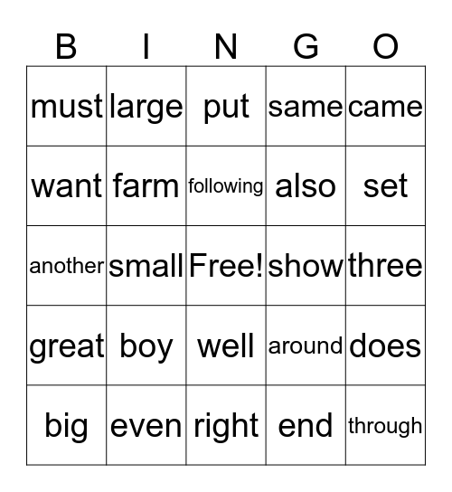 Fry Words 141-160 Bingo Card