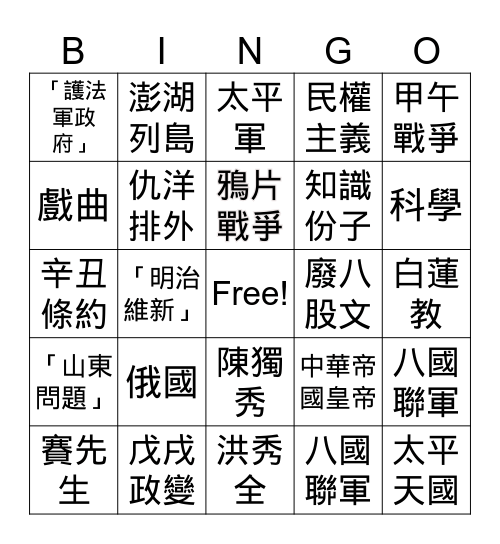 中二中史 Bingo Card