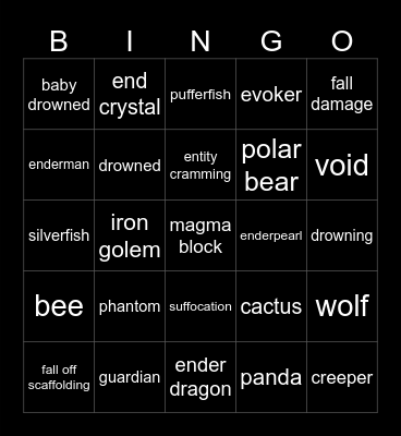 Minecraft Death Bingo Card
