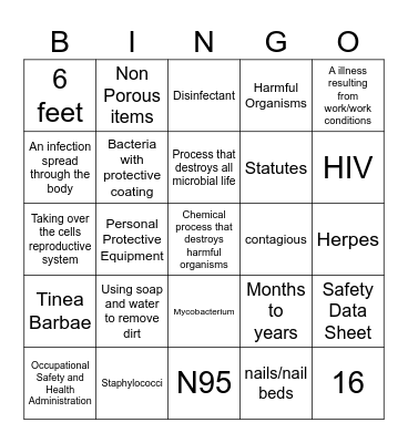 Infection Control Bingo Card