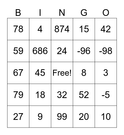 MATH BINGO (Order of Operations) Bingo Card