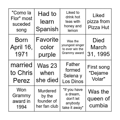 Selena Quintanilla Bingo Card