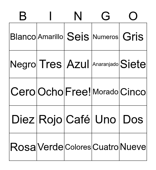 Numeros y Colores Bingo Card