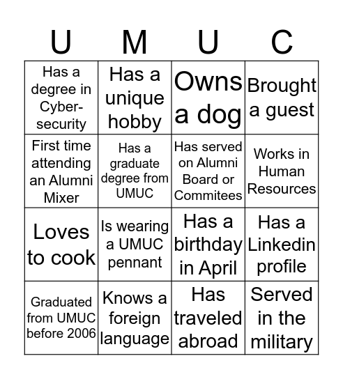 UMUC Alumni Bingo Card