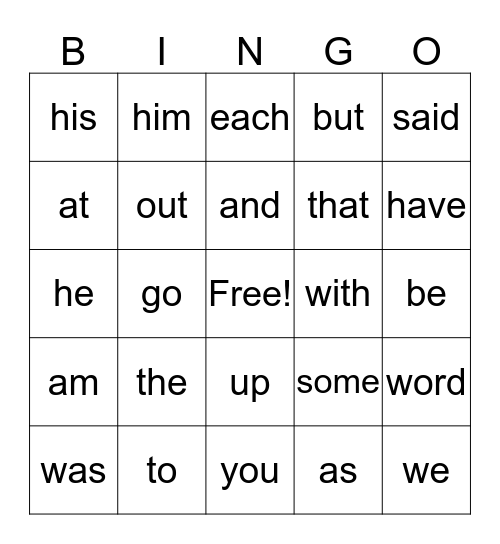Sight Word Bingo Card