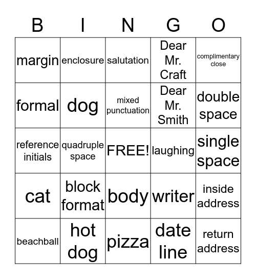 Business Letter Vocabulary Bingo Card