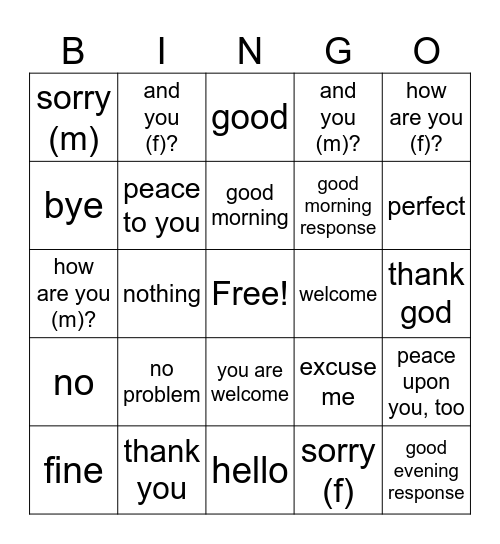 basic phrases Bingo Card
