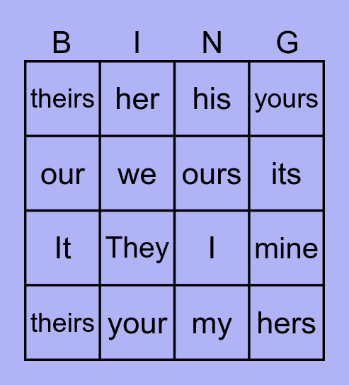 Possessive adjectives and pronouns Bingo Card