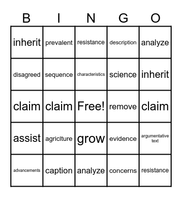 Vocabulary Bingo Card