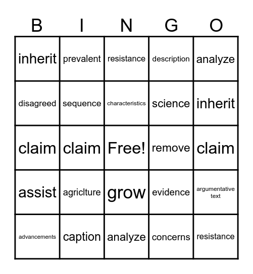 Vocabulary Bingo Card