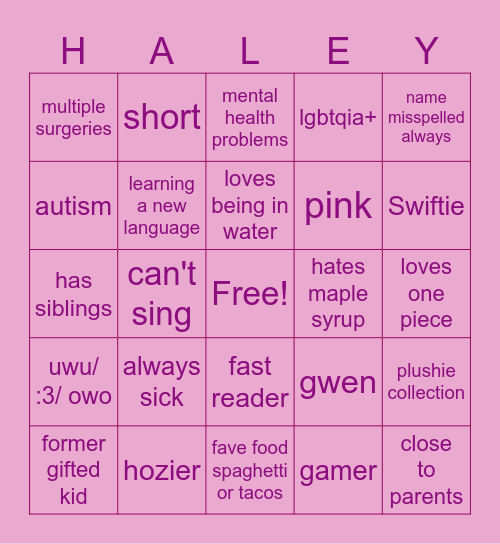 Haley Bingo uwu Bingo Card