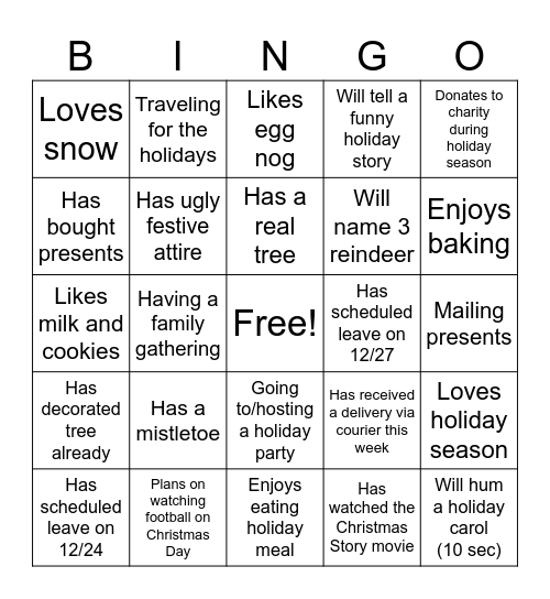 OCOS Holiday Bingo Card