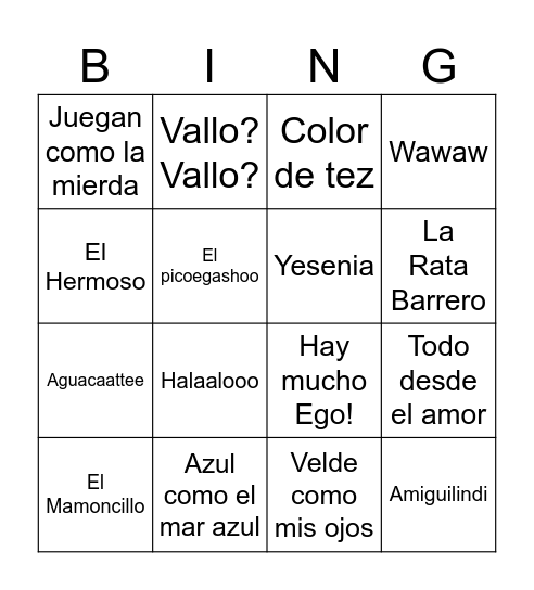 Uno! Bingo Card