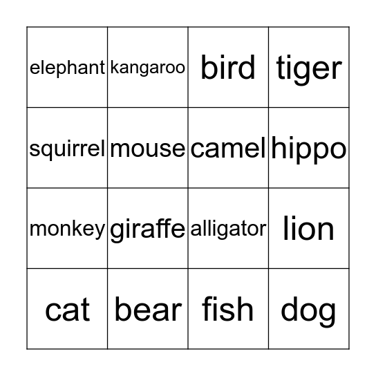 Animal Words Bingo Card