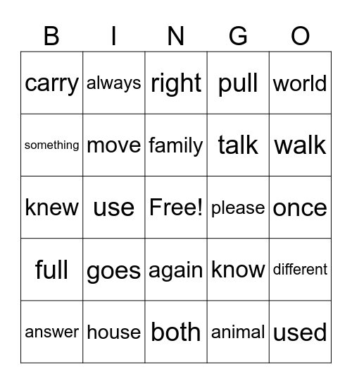 Trick Words Bingo Card