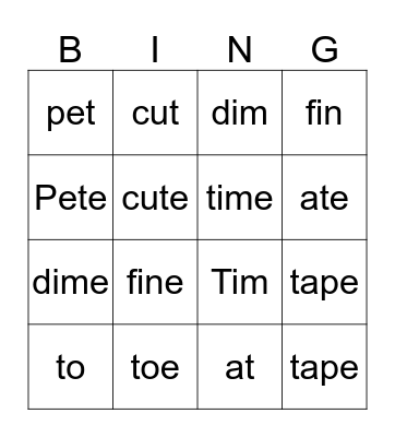 Silent e Bingo Card